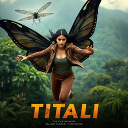 A stunning 27-year-old Indian modern woman with beautiful features, showcasing butterfly powers with dark, larger colorless wings, is soaring through a lush green forest