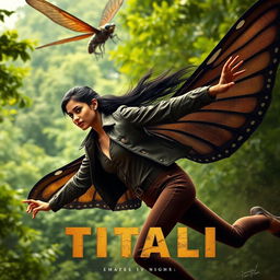 A stunning 27-year-old Indian modern woman with beautiful features, showcasing butterfly powers with dark, larger colorless wings, is soaring through a lush green forest