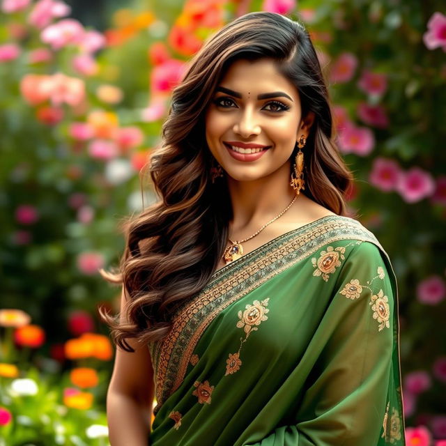 A stunning portrait of Indian actress Priyanka Chopra, elegantly dressed in a flowing green saree adorned with intricate gold embroidery