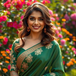 A stunning portrait of Indian actress Priyanka Chopra, elegantly dressed in a flowing green saree adorned with intricate gold embroidery