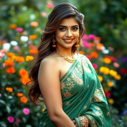 A stunning portrait of Indian actress Priyanka Chopra, elegantly dressed in a flowing green saree adorned with intricate gold embroidery