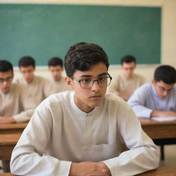 A high school male student wearing a thobe and glasses, sitting attentively inside a bustling classroom.