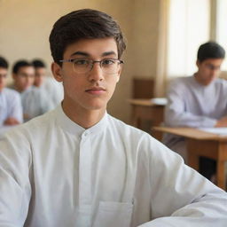 A high school male student wearing a thobe and glasses, sitting attentively inside a bustling classroom.