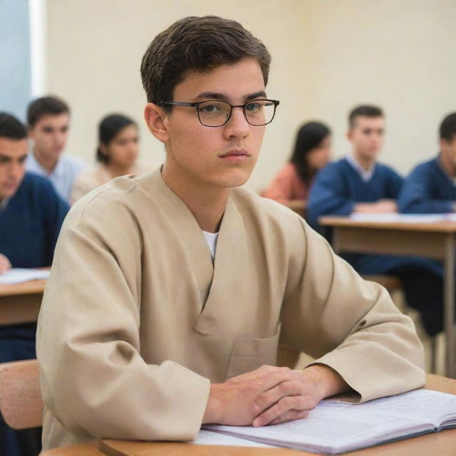 A high school male student wearing a thobe and glasses, sitting attentively inside a bustling classroom.