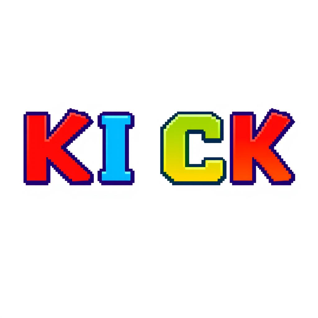 A vivid and colorful pixel art representation of the word 'KICK', with each letter designed in a playful and dynamic style