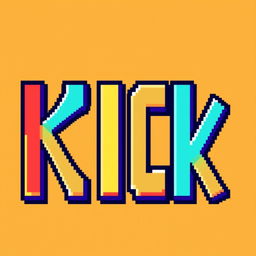 A vivid and colorful pixel art representation of the word 'KICK', with each letter designed in a playful and dynamic style