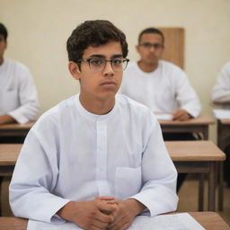 A high school male student wearing a thobe and glasses, sitting attentively inside a bustling classroom.