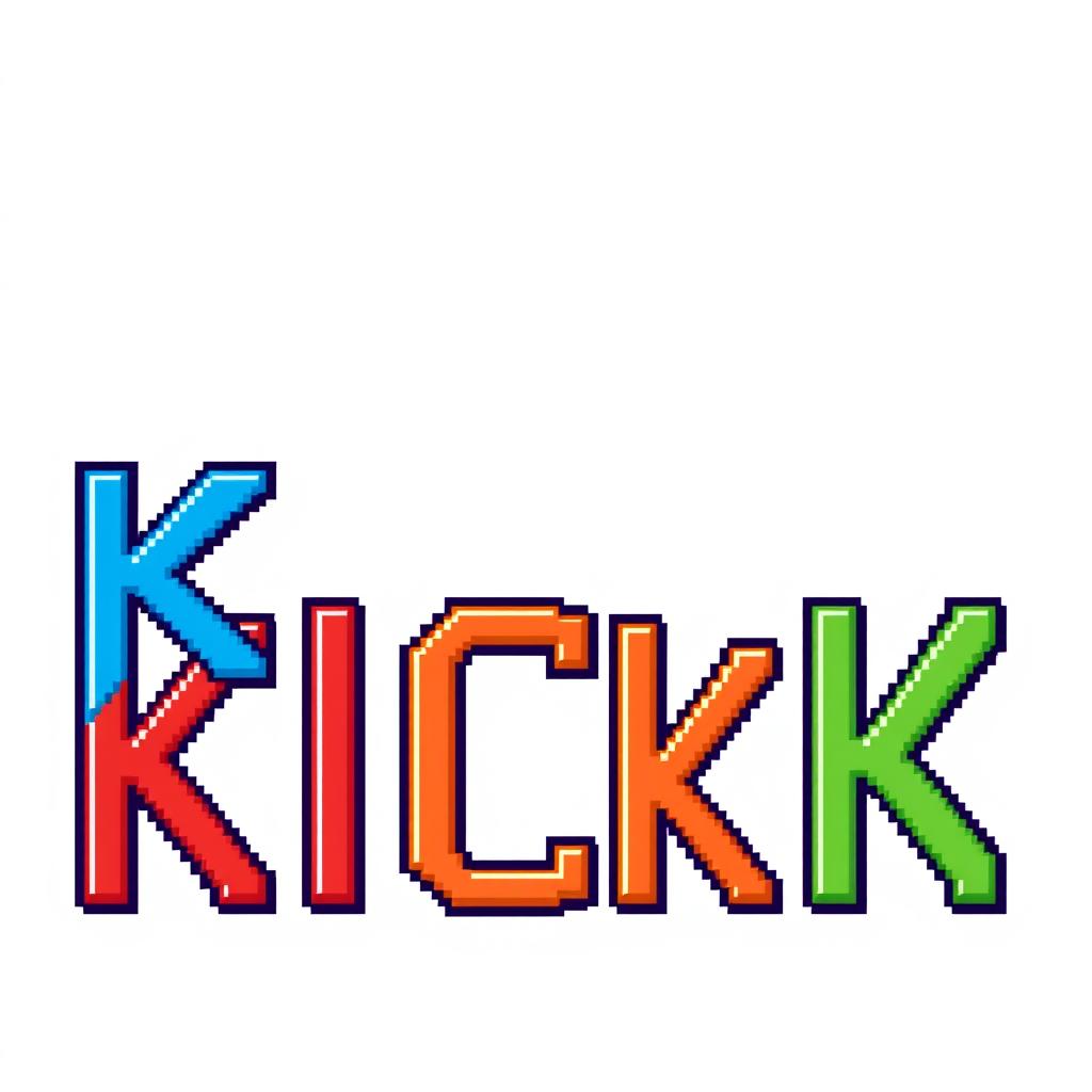 A 32x32 pixel art depiction of the word 'KICK', featuring each letter designed in a vibrant and stylized manner