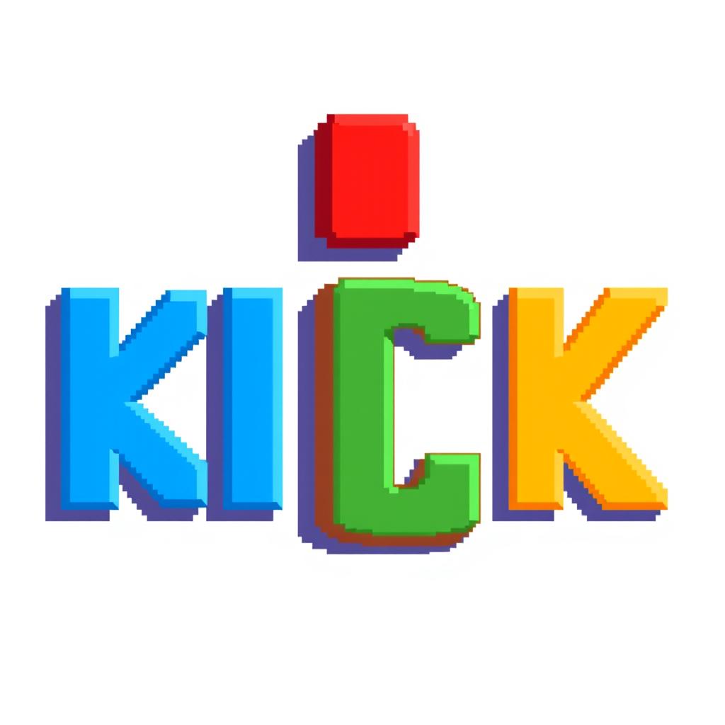 A 32x32 pixel art depiction of the word 'KICK', featuring each letter designed in a vibrant and stylized manner