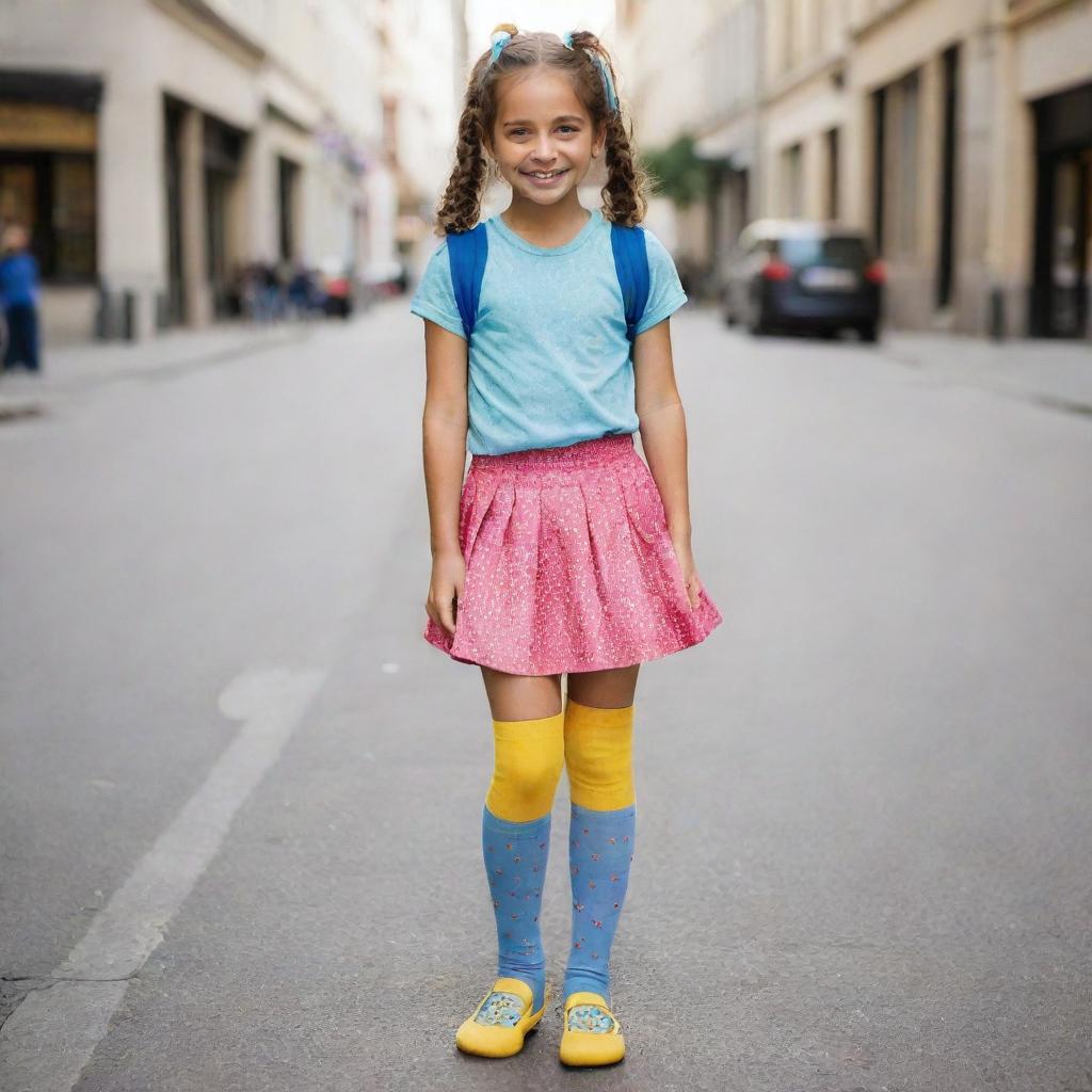 A girl dressed in a cute, fashionable outfit, featuring a dazzling skirt and brightly colored socks