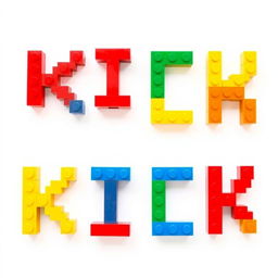 A creative representation of the word 'KICK' constructed from colorful Lego bricks