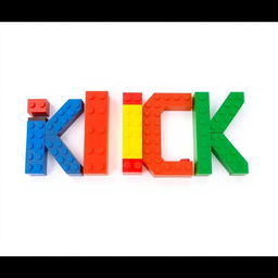 A creative representation of the word 'KICK' constructed from colorful Lego bricks