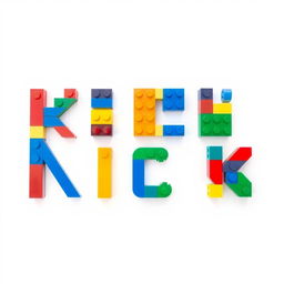 A creative representation of the word 'KICK' constructed from colorful Lego bricks