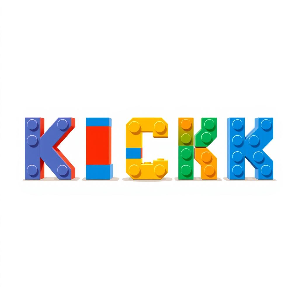 A 2D illustration of the word 'KICK' designed using Lego bricks, with each letter uniquely shaped in a flat, two-dimensional style