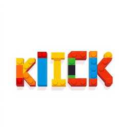 A 2D illustration of the word 'KICK' designed using Lego bricks, with each letter uniquely shaped in a flat, two-dimensional style