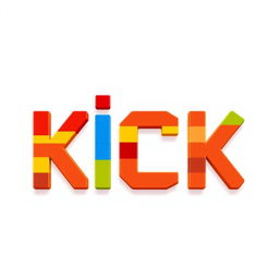 A 2D illustration of the word 'KICK' designed using Lego bricks, with each letter uniquely shaped in a flat, two-dimensional style