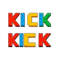 A 2D illustration of the word 'KICK' designed using Lego bricks, with each letter uniquely shaped in a flat, two-dimensional style