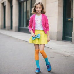 A girl dressed in a cute, fashionable outfit, featuring a dazzling skirt and brightly colored socks