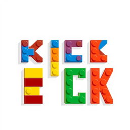 A 2D illustration of the word 'KICK' made entirely from Lego bricks, presented in a flat and playful style