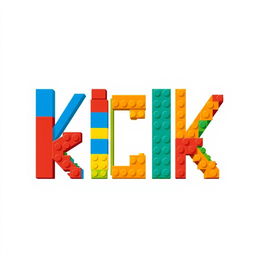 A 2D illustration of the word 'KICK' made entirely from Lego bricks, presented in a flat and playful style