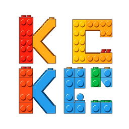 A 2D illustration of the word 'KICK' made entirely from Lego bricks, presented in a flat and playful style