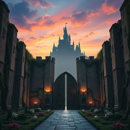 A fantasy movie scene showcasing the towering external walls of a gigantic labyrinth, intricately designed with ancient stone and overgrown with lush vines and enchanting flowers