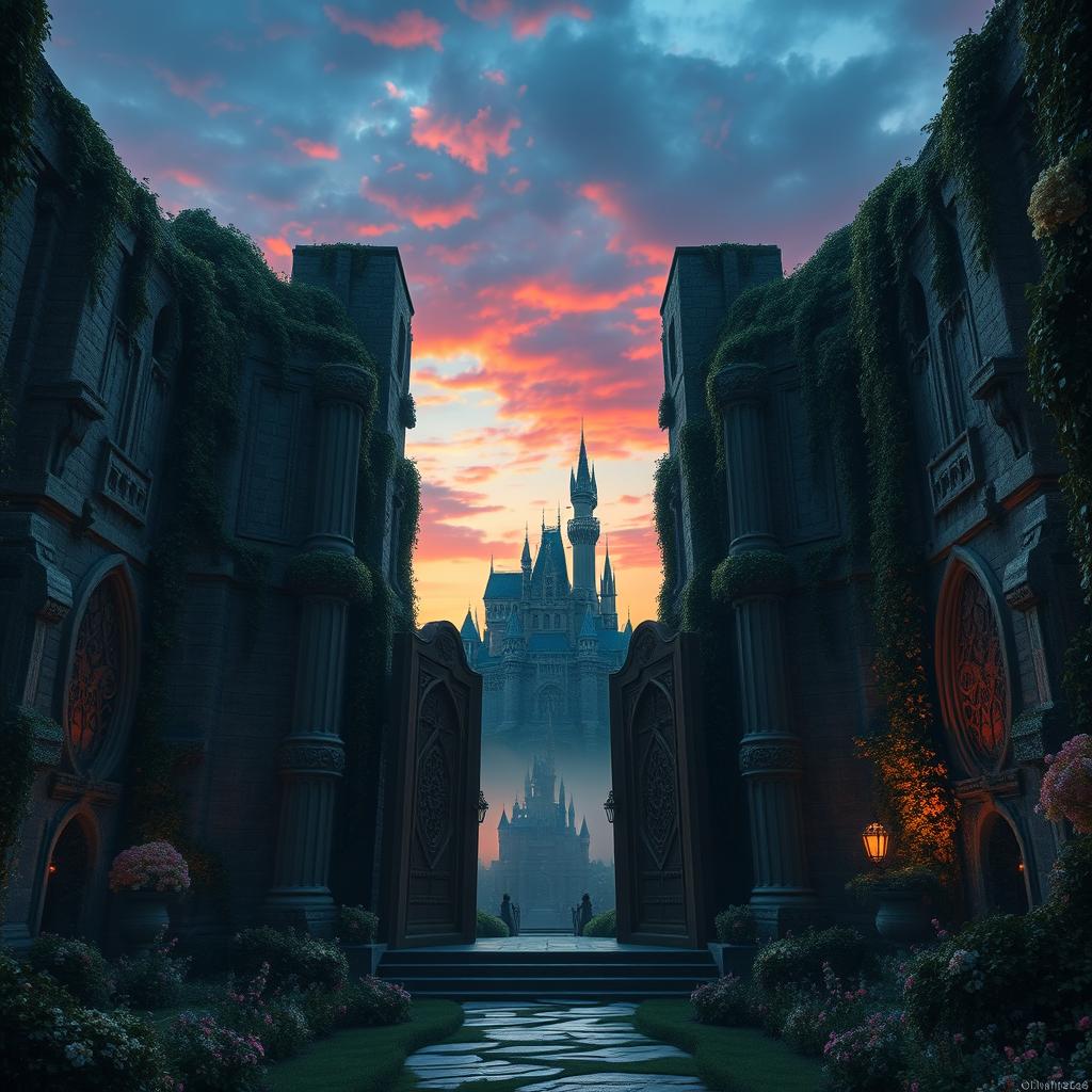 A fantasy movie scene showcasing the towering external walls of a gigantic labyrinth, intricately designed with ancient stone and overgrown with lush vines and enchanting flowers