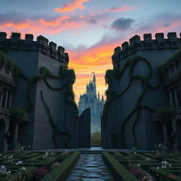 A fantasy movie scene showcasing the towering external walls of a gigantic labyrinth, intricately designed with ancient stone and overgrown with lush vines and enchanting flowers