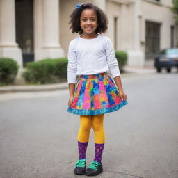 A girl dressed in a cute, fashionable outfit, featuring a dazzling skirt and brightly colored socks