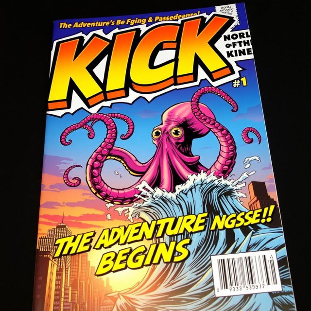 A dynamic and colorful superhero comic book cover featuring the word 'KICK' in large bubble text at the top, stylized with bold outlines and vibrant colors