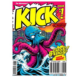 A dynamic and colorful superhero comic book cover featuring the word 'KICK' in large bubble text at the top, stylized with bold outlines and vibrant colors