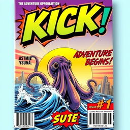 A dynamic and colorful superhero comic book cover featuring the word 'KICK' in large bubble text at the top, stylized with bold outlines and vibrant colors