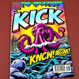 A dynamic and colorful superhero comic book cover featuring the word 'KICK' in large bubble text at the top, stylized with bold outlines and vibrant colors