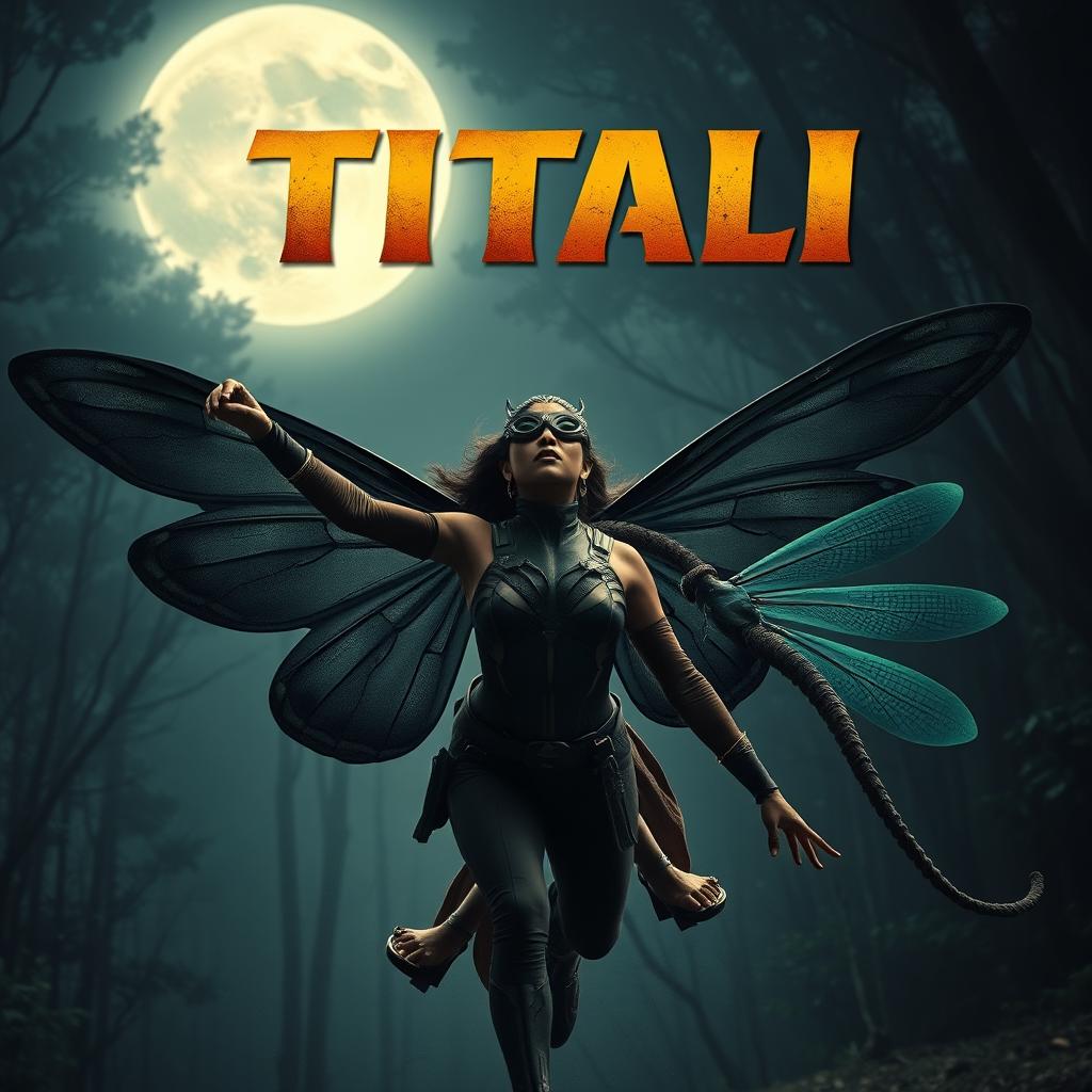 A cinematic action superhero fantasy film poster featuring a beautiful 27-year-old Indian modern mutant woman with butterfly powers, showcasing dark, bigger colorless wings as she flies through a forest at night