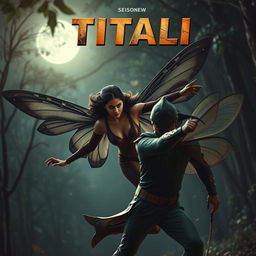 A cinematic action superhero fantasy film poster featuring a beautiful 27-year-old Indian modern mutant woman with butterfly powers, showcasing dark, bigger colorless wings as she flies through a forest at night