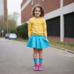 A girl dressed in a cute, fashionable outfit, featuring a dazzling skirt and brightly colored socks