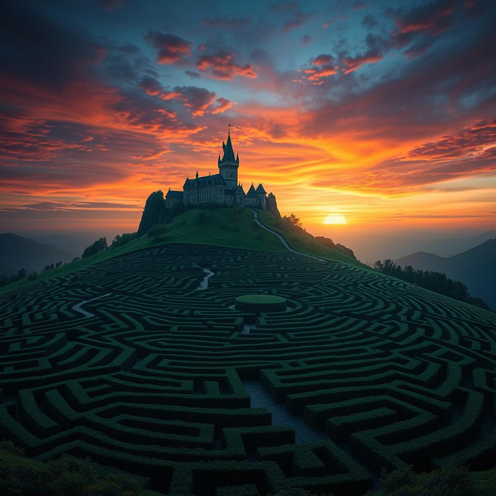 A captivating fantasy movie scene featuring a gigantic labyrinth perched on a distant hill, intricately designed with winding pathways and towering hedges that rise majestically against the horizon