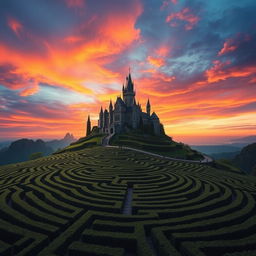 A captivating fantasy movie scene featuring a gigantic labyrinth perched on a distant hill, intricately designed with winding pathways and towering hedges that rise majestically against the horizon