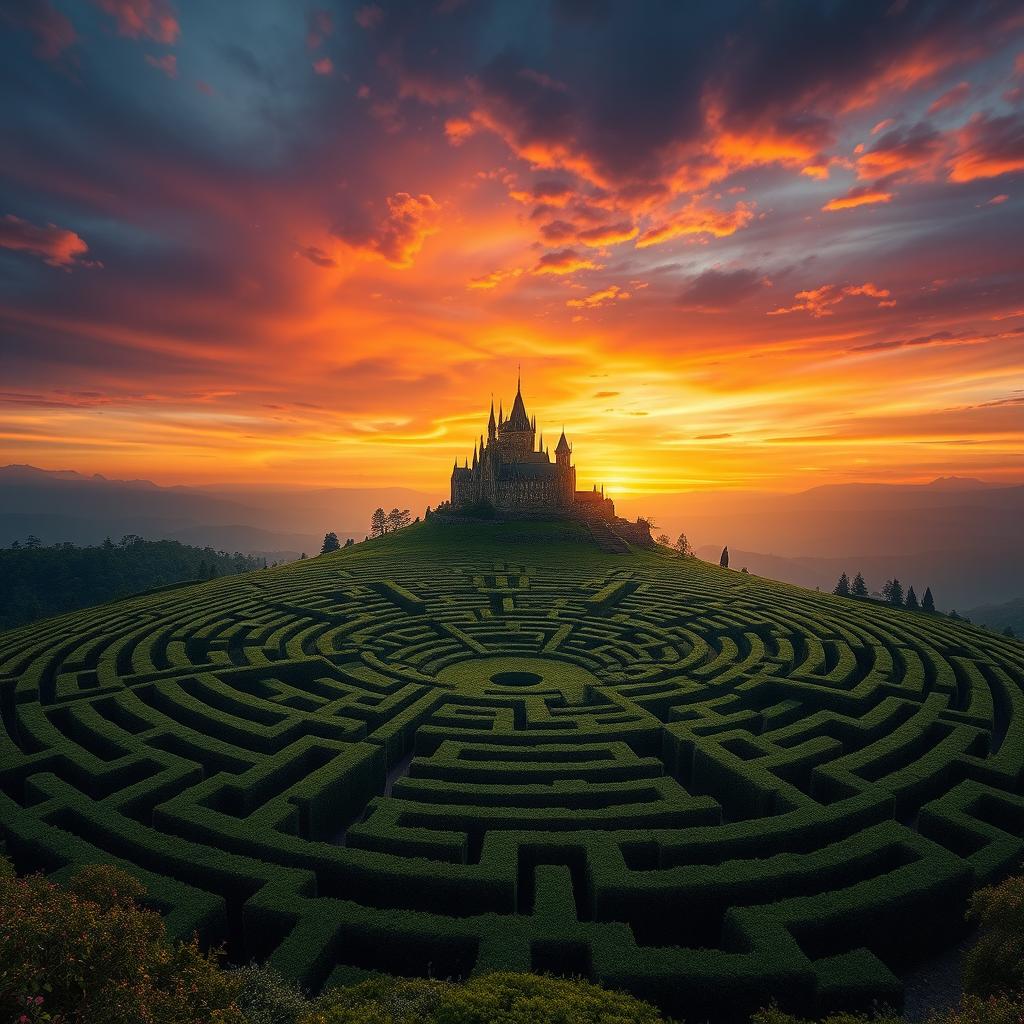 A captivating fantasy movie scene featuring a gigantic labyrinth perched on a distant hill, intricately designed with winding pathways and towering hedges that rise majestically against the horizon