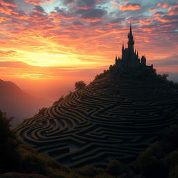 A captivating fantasy movie scene featuring a gigantic labyrinth perched on a distant hill, intricately designed with winding pathways and towering hedges that rise majestically against the horizon