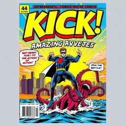 A vibrant superhero comic book cover showcasing the word 'KICK' in large, eye-catching bubble text at the top, adorned with bold outlines and striking colors