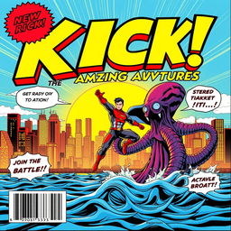 A vibrant superhero comic book cover showcasing the word 'KICK' in large, eye-catching bubble text at the top, adorned with bold outlines and striking colors