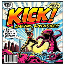 A vibrant superhero comic book cover showcasing the word 'KICK' in large, eye-catching bubble text at the top, adorned with bold outlines and striking colors