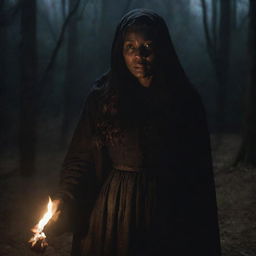 Tituba, a figure from the Salem witch trials, casting spells surrounded by an ominous, dark atmosphere but without any depiction of harm or pain inflicted on others.