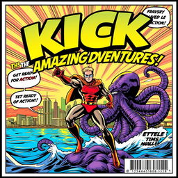 A vibrant superhero comic book cover showcasing the word 'KICK' in large, eye-catching bubble text at the top, adorned with bold outlines and striking colors