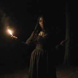 Tituba, a figure from the Salem witch trials, casting spells surrounded by an ominous, dark atmosphere but without any depiction of harm or pain inflicted on others.