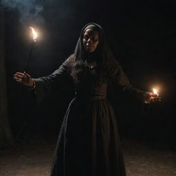 Tituba, a figure from the Salem witch trials, casting spells surrounded by an ominous, dark atmosphere but without any depiction of harm or pain inflicted on others.