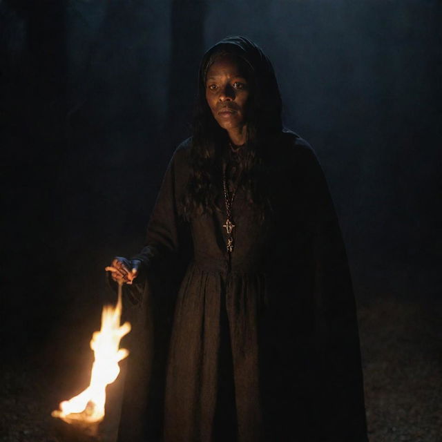 Tituba, a figure from the Salem witch trials, casting spells surrounded by an ominous, dark atmosphere but without any depiction of harm or pain inflicted on others.