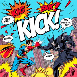 An action-packed superhero comic scene where a vibrant hero is engaged in an epic battle with a fierce villain