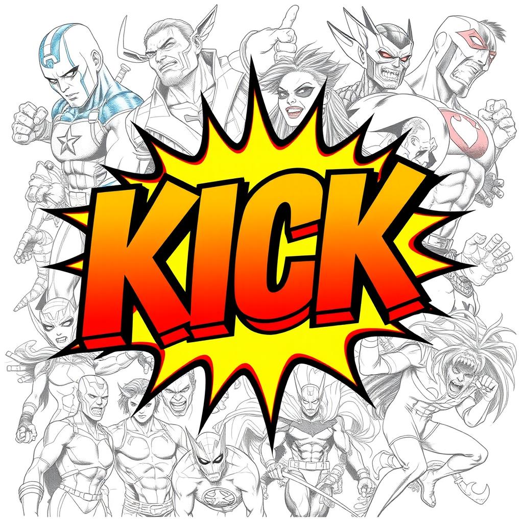 A vibrant and dynamic poster featuring the bold text 'KICK' in an eye-catching comic book style, colored with a bright and lively Marvel theme